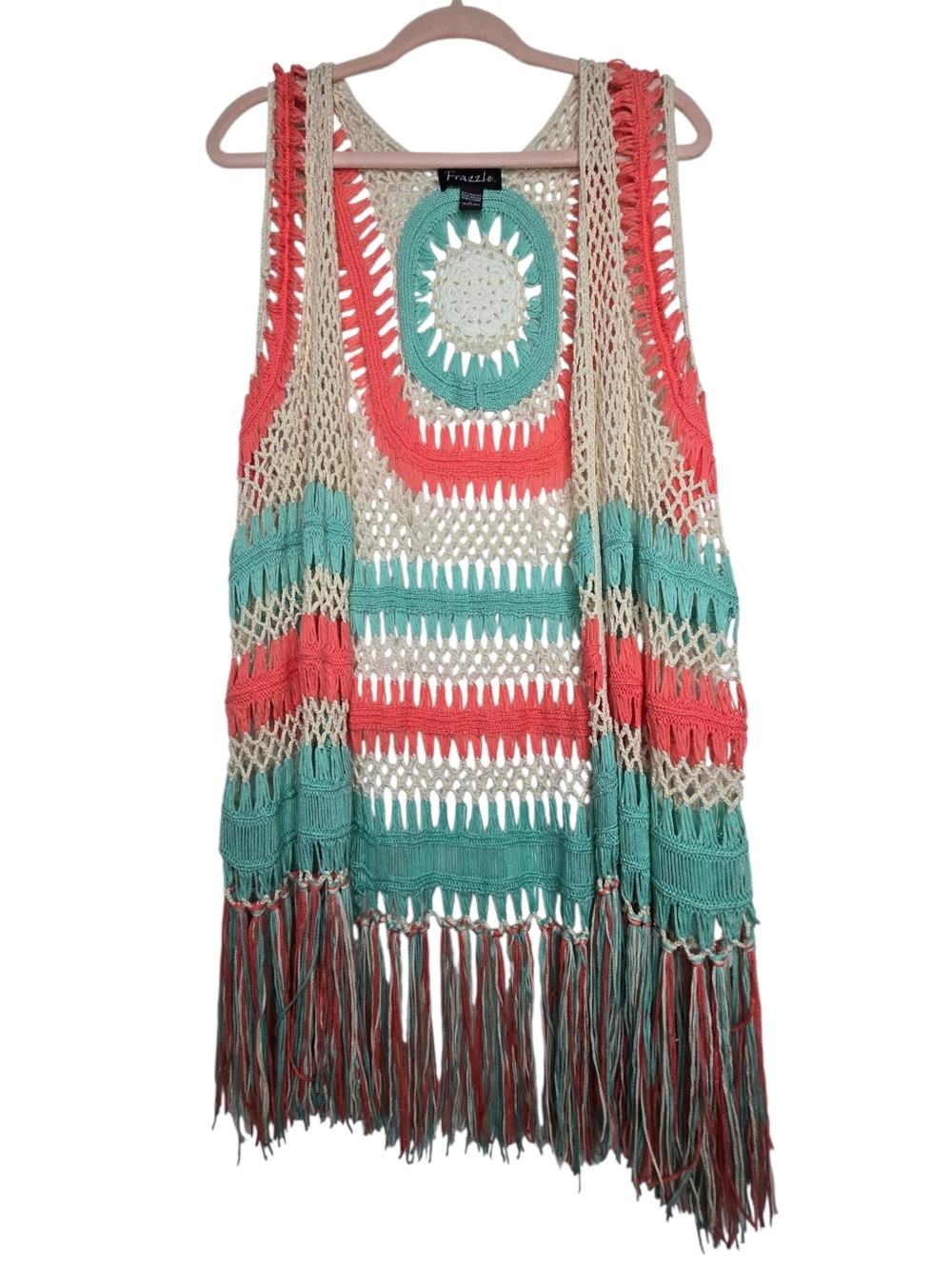 Frazzle Crochet Fringe Vest in Coral, Teal & Cream